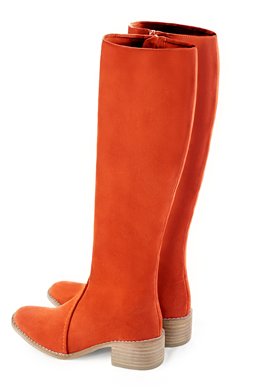 Clementine orange women's riding knee-high boots. Round toe. Low leather soles. Made to measure. Rear view - Florence KOOIJMAN